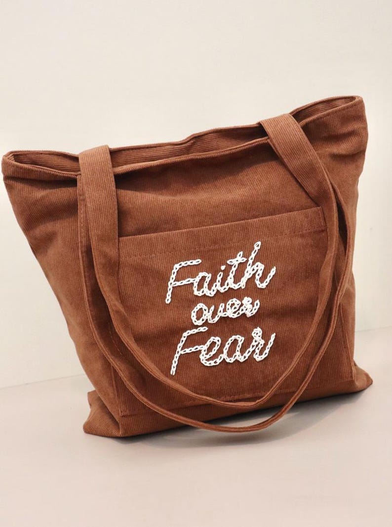 Embroidered Bible Bag Tote Bag Christian Gift For Women Back To School Book Bag For Girl Baptism Gift For Sister Birthday Gift Ideas For Mom Birthday Present For Christmas Gift For Friend Religious. Faith over fear, God is good, Make heaven crowded, blessed, Jesus, Salt and Light, Saved by Jesus.