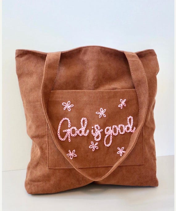 Christian Girl Corduroy Tote Bag Premium Bible Study Bag for Women Sunday School Church Travel Book Bag with Zipper Large Pocket Church Bag