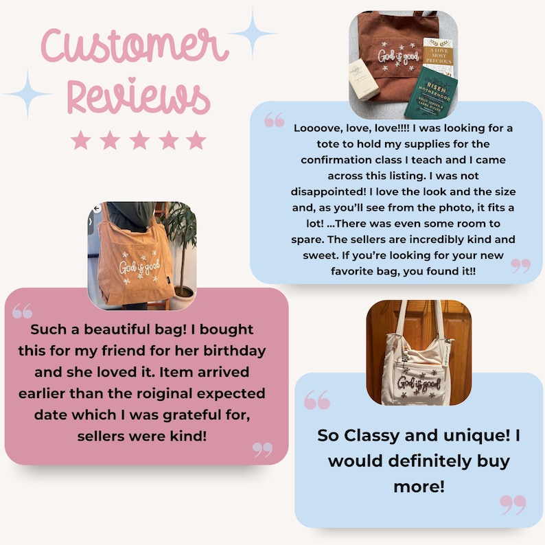 Five-star customer review photo of a handmade Christian corduroy tote bag filled with three books, showing its roomy capacity and quality craftsmanship. Reviewer praises the embroidery, durability, and fast shipping. Perfect faith-based tote for Bible study, church, and everyday carry.