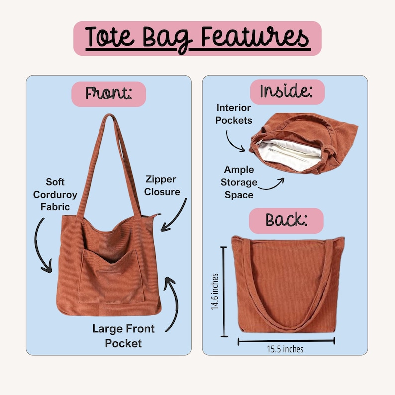 Detailed size chart for handmade embroidered Christian corduroy tote bag showing all dimensions, including width, height, depth, and handle drop. Highlights large exterior pocket, secure zipper closure, and multiple interior compartments for Bible, notebook, and accessories. Designed for faith-based women who love organization and style. Embroidered Corduroy Bible Tote Faith Based Christian Gift Personalized Name Custom Church Bag Womens Fall Winter Book Tote Purse