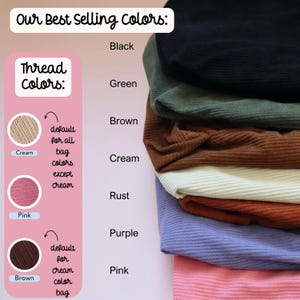 Color chart displaying full range of Christian embroidered tote bag options, featuring corduroy shades like beige, sage, pink, and navy with coordinating embroidery thread colors such as cream, pink, and brown. Designed for handmade personalization with faith-based sayings like “God is Good,” “Blessed,” and “Faith Over Fear.” ideal faith-based gift for women and Bible study lover. Corduroy Bible Tote Faith Based Christian Gift Personalized Name Custom Church Bag Women Fall Winter Book Tote Purse
