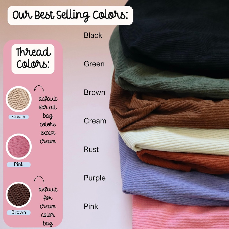 Color chart displaying full range of Christian embroidered tote bag options, featuring corduroy shades like beige, sage, pink, and navy with coordinating embroidery thread colors such as cream, pink, and brown. Designed for handmade personalization with faith-based sayings like “God is Good,” “Blessed,” and “Faith Over Fear.” ideal faith-based gift for women and Bible study lover. Corduroy Bible Tote Faith Based Christian Gift Personalized Name Custom Church Bag Women Fall Winter Book Tote Purse