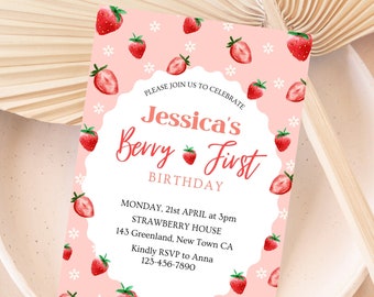 Modello modificabile dell'invito di primo compleanno della fragola Primo compleanno della bacca Ragazza dolce carina Invito alla prima festa di compleanno Stampabile istantaneo BFB2