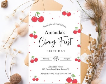 Cherry First Birthday Party Invitation Cherries First Birthday Party Invite Editable Template Girl 1 st Birthday Instant Download BFB2I2