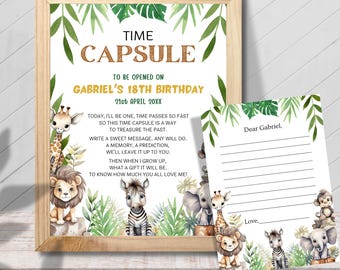 May include: A printable time capsule for a child's 18th birthday. The printable features a jungle theme with animals like a giraffe, zebra, lion, and elephant. The text reads "Time Capsule to be opened on Gabriel's 18th Birthday 21st April 20XX".
