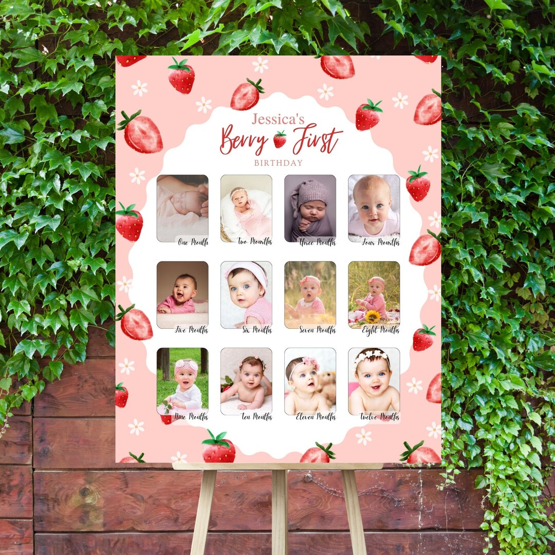 Berry First Birthday Photo Milestone Board 12 Months Photo Collage Sign ...