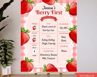 Strawberry Birthday Milestone Board Template, 1st Birthday Milestone Sign, Berry First Party Theme, Sweet One, Editable Poster, Red Pink