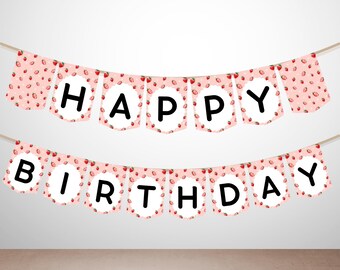 Bannière joyeux anniversaire aux fraises, banderoles de fête douces, décoration de fête aux fraises, anniversaire de fille, téléchargement immédiat
