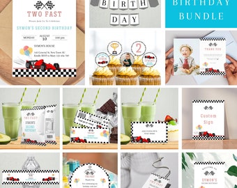 May include: A printable party bundle for a second birthday with a race car theme. The bundle includes a birthday invitation, thank you cards, cupcake toppers, a sign, a water bottle label, a favor tag, and a banner that says "Happy Birthday".