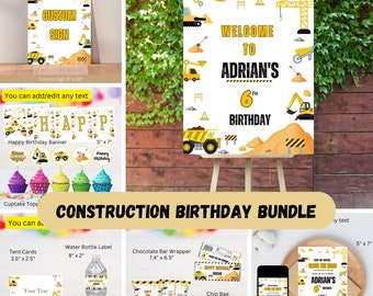 May include: Construction birthday party printable bundle with a yellow and black color scheme. Includes a welcome sign, banner, cupcake toppers, tent cards, water bottle labels, chocolate bar wrappers, chip bags, and an invitation. The text on the sign says "Welcome to Adrian's 6th Birthday".