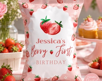 Bolsa de papas fritas para el primer cumpleaños de Berry Decoraciones para la fiesta del primer cumpleaños de Berry Bolsa de papas fritas editable para cumpleaños de fresas para niña de cumpleaños BFB2CB02