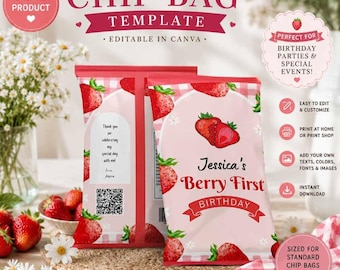 Bolsa de papas fritas para el primer cumpleaños de Berry Decoraciones para la fiesta del primer cumpleaños de Berry Bolsa de papas fritas editable para cumpleaños de fresas para niña de cumpleaños BFB3CB03