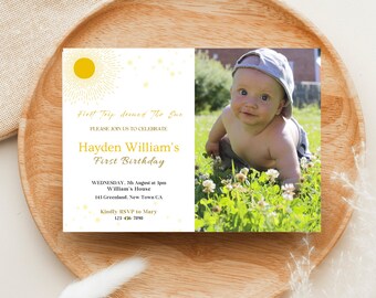 Editable First Trip Around The Sun , Sunshine First Birthday Party Invite Template, 1st Birthday Party Photo Invitation, Digital Download