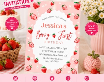 Strawberry First Birthday Invitation Editable Canva Berry First Birthday Party Invite Printable Instant Download 5x7