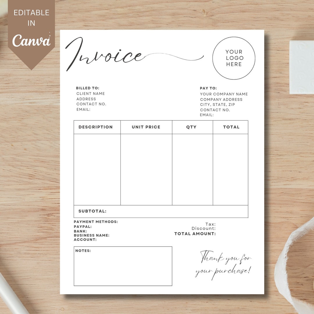 Invoice Template, Small Business Custom Order Form Printable Editable ...