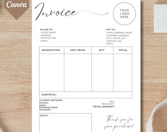 Invoice Template, Small Business Custom Order Form Printable Editable Invoice Form Modern Minimalist Receipt Form Digital Download 2PHIT01