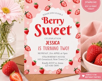 Strawberry 2nd Birthday Invitation Template Berry Sweet Birthday Party Invite Girl Editable Canva Printable Instant Download