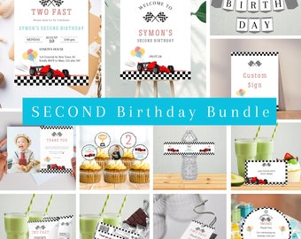 May include: A printable set of party decorations for a second birthday with a race car theme. The set includes a welcome sign, a banner, cupcake toppers, a water bottle label, favor bags, a thank you tag, and a custom sign.