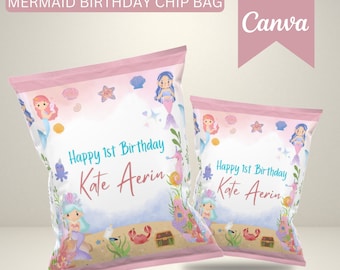 Editable Mermaid Chip Bag Oneder The Sea Chip Bag Canva Template Custom Chip Bags Under The Sea Mermaid Birthday Snack Bag Mermaid Tail
