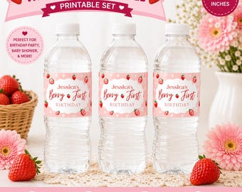Etiqueta imprimible para botella de agua con diseño de fresa, ideal para el primer cumpleaños o para baby shower. Descarga instantánea en PDF.