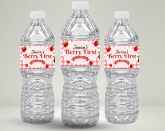 Etichetta per bottiglia d'acqua per il primo compleanno di Berry, decorazione per feste personalizzata, involucri per bevande, bomboniera a tema fragola, modello modificabile Berry Sweet One BFB3