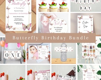 May include: A butterfly-themed birthday party printable bundle with pink and white colors. The bundle includes a banner, cupcake toppers, a welcome sign, a water bottle label, a thank you tag, a photo booth backdrop, and a sign that says "Our Little Butterfly is Turning One!"