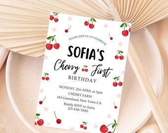 Cherry First Birthday Party Invitation Cherries First Birthday Party Invite Editable Template Girl 1 st Birthday Instant Download CFB2IT