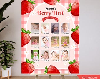 Berry First Birthday Photo Milestone Board - 12 months Photo Collage Sign, Sweet One, Strawberry Party Theme, Editable Poster BFB3PMB01