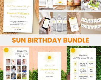 Puede incluir: Un paquete de fiesta de primer cumpleaños con temática de sol imprimible con un gráfico de sol amarillo y estrellas blancas. El paquete incluye un cartel de bienvenida, un collage de fotos, una tabla de hitos, una etiqueta de agradecimiento, una etiqueta de botella de agua, una pancarta de cumpleaños y una invitación imprimible. El texto de la invitación dice: "Primer viaje alrededor del sol, únase a nosotros para celebrar el primer cumpleaños de Hayden William, miércoles 7 de agosto a la 1:00 p. m., casa de William, 143 Greenland, New Town CA, por favor, confirme su asistencia a Mary, 123-456-7850".