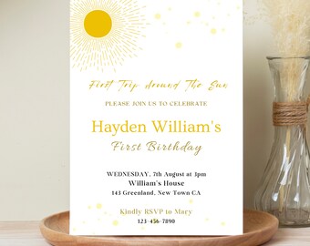 Editable First Trip Around The Sun Invitation Sunshine 1st Birthday Invite, Sunshine Birthday, Sun Birthday Invitation, Sun Birthday Invite