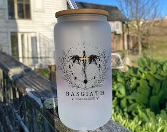 Basgiath War College Frosted Glass Cup, Fourth Wing Inspired Tumbler with Lid, Dragon Rider Fantasy Reader, Velaris ACOTAR Bookish Mug Gift