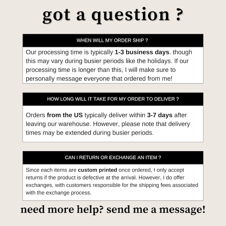 Może przedstawiać: Grafika z tekstem "got a question?" i informacjami o wysyłce, dostawie i zasadach zwrot&oacute;w dla zam&oacute;wień online. Tekst zawiera frazy takie jak "1-3 dni robocze", "3-7 dni", "druk na zam&oacute;wienie" i "potrzebujesz więcej pomocy? wyślij mi wiadomość!"