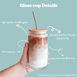 May include: A clear glass cup with a bamboo lid and a metal straw. The cup is filled with a layered iced coffee drink. The cup has a 17 ounce capacity and is lead-free and BPA-free. The lid is durable and eco-friendly.