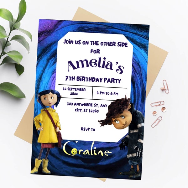 Coraline Birthday Invitation Template | Themed Birthday Invite | Editable | Printable