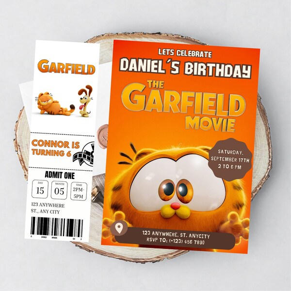 Invitación a la fiesta de cumpleaños de la película del gato naranja / Invitación a Garfield 2024 / Invitación al estilo de entrada de película / Invitación a la fiesta de cumpleaños / Editable