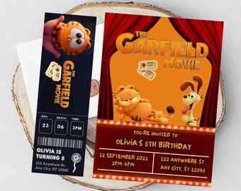 orange cat Movie Birthday Invitation| Movie Ticket Style Invite | Cinema Style Birthday Party Invitation  | Editable Instant Download Invite