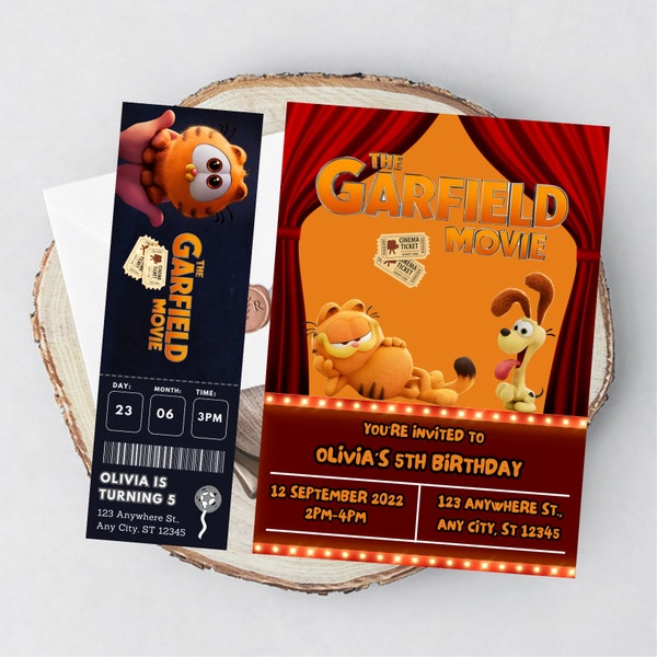 orange cat Movie Birthday Invitation| Movie Ticket Style Invite | Cinema Style Birthday Party Invitation  | Editable Instant Download Invite