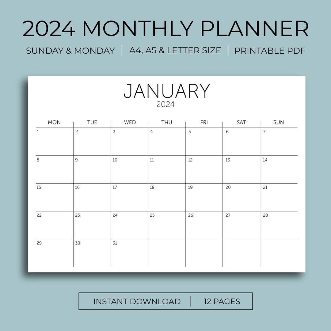 2024 Monthly Planner Printable I 2024 Calendar I Monday & Sunday Start ...