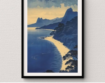 Rio de Janeiro silhouette inspired art of Ipanema Beach modern Brazil landscape poster tropical coastal scenic wall art decor for home