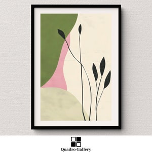 Modern abstract botanical art print minimalist leaf line drawing contemporary pink & green wall decor printable digital download home decor