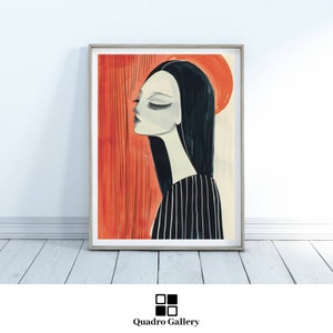 Chic minimalist female portrait modern red and black printable art fashionable woman illustration instant digital download for home decor