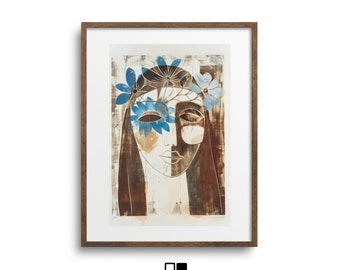 花柄の女性の肖像画、抽象的な顔のアート、印刷可能なデジタル
