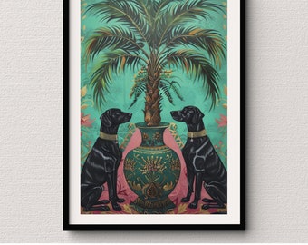 Black Labrador wall art tropical decor with palm tree boho dog digital artwork exotic vase unique home decor for animal lovers gift