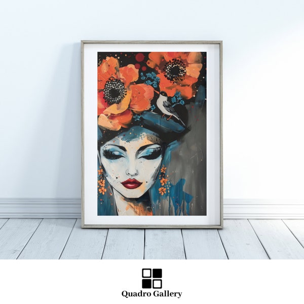 Instant download artwork abstract woman portrait art print for home decor modern floral wall art vibrating digital painting for office