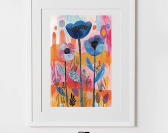 Abstract floral printable art modern whimsical flower digital print vibrant home decor instant download colorful wall art botanical artwork