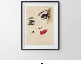 May include: Framed art print depicting a stylized illustration of a woman's face. The artwork uses black ink and red accents on a beige background. The woman's lips are a vibrant red, and the eyes are detailed with dark lashes.