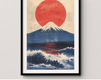 Japanese Mount Fuji with red sun and ocean waves modern art wall print scenic Asian landscape digital print poster for home and office