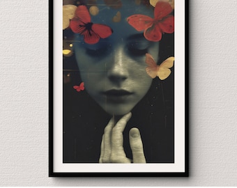 Abstract Portrait with Butterflies Wall Art Dark Surreal Dreamlike Woman Instant Download Printable Home Decor Unique Ethereal Art Print
