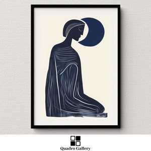 Chic abstract female line art contemporary minimalist printable serene blue. And white digital decor instant download wall art