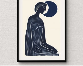 Elegante linea femminile astratta arte contemporanea minimalista stampabile blu sereno. E decorazioni digitali bianche download immediato wall art